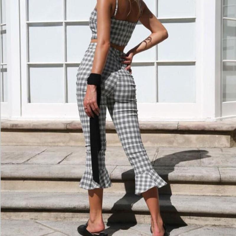 Grey Plaid Cropped Top Flared Pants (2 Piece Set)