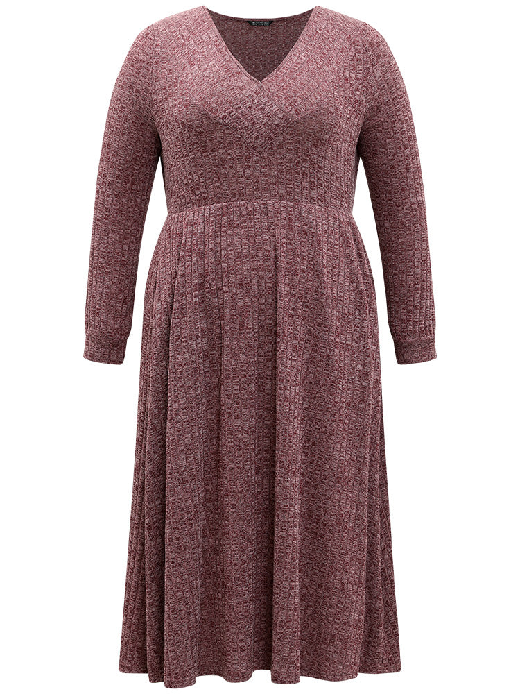 Rib Knit Plain Plisse Long Sleeve Dress