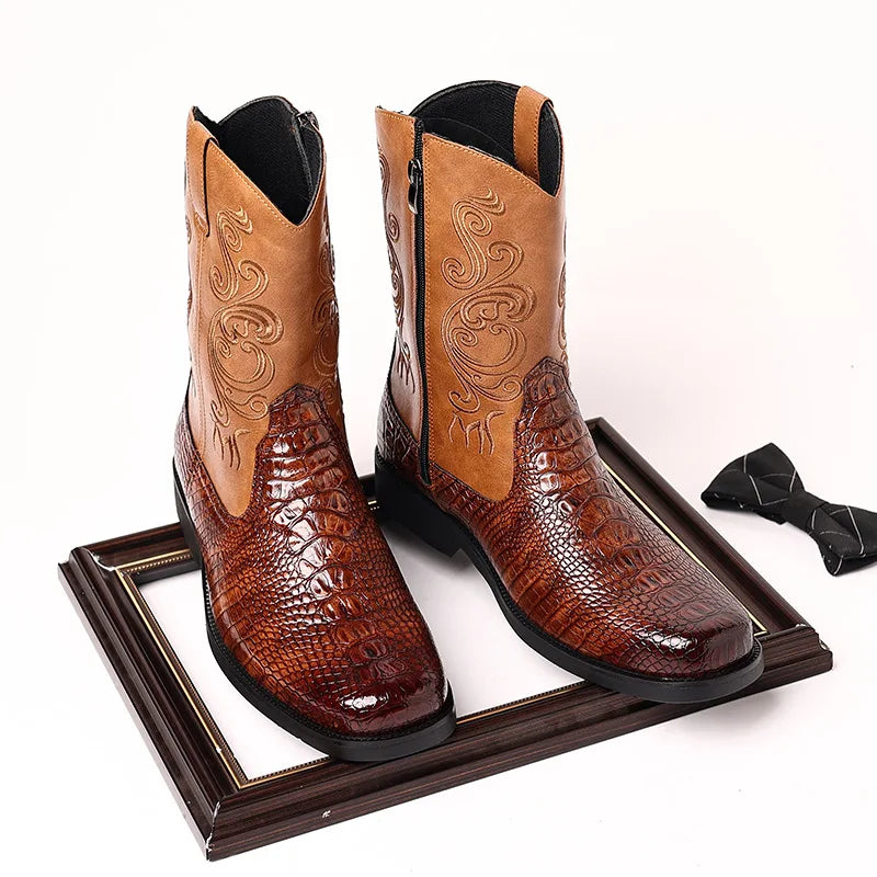 Men's British Style Embroidered Mid-Calf Riding Boots - Leather Look