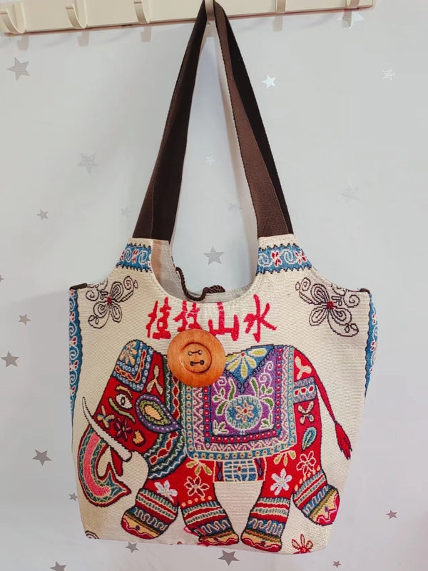 Women's Large Canvas Elephant Ethnic Style Square Zipper Shoulder Bag