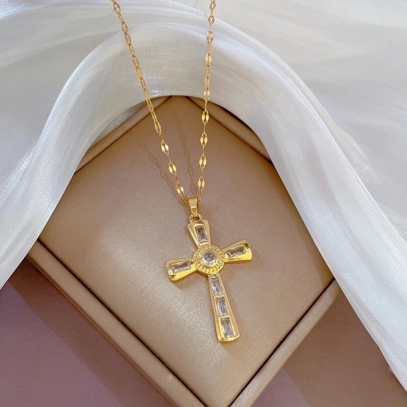 Minimalist Cross Titanium Steel Copper Zircon Pendant Necklace In Bulk