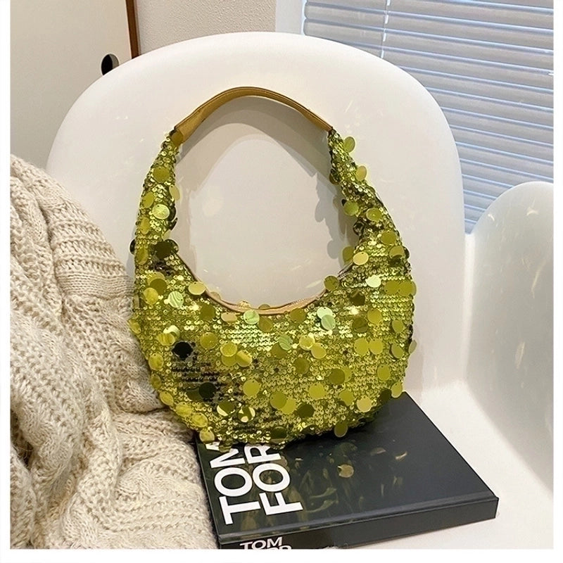 Women's Medium Sequin Solid Color Sexy Classic Style Crescent Shaped Zipper Underarm Bag
