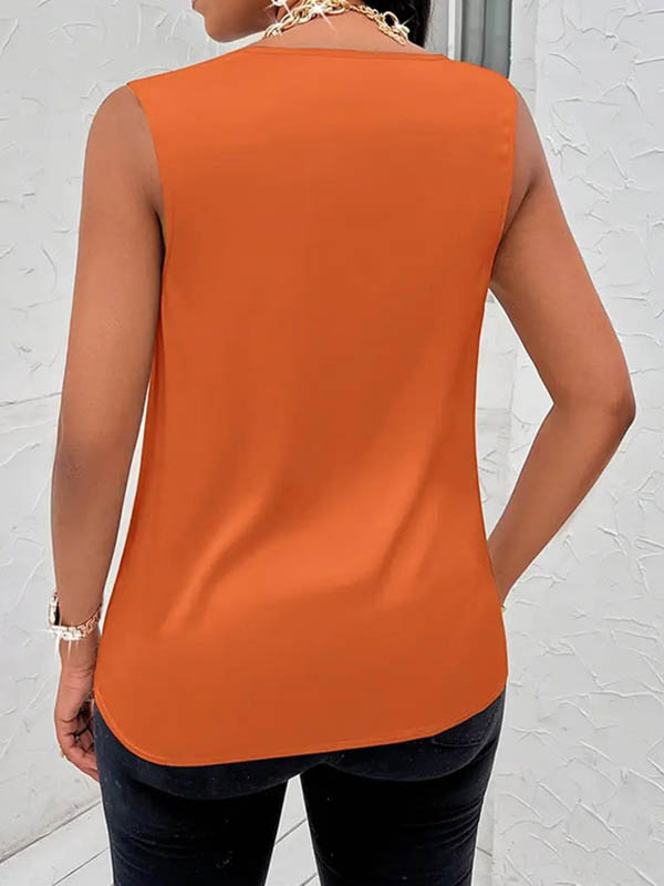Loose Sleeveless Pleated Solid Color V-Neck Vest Top