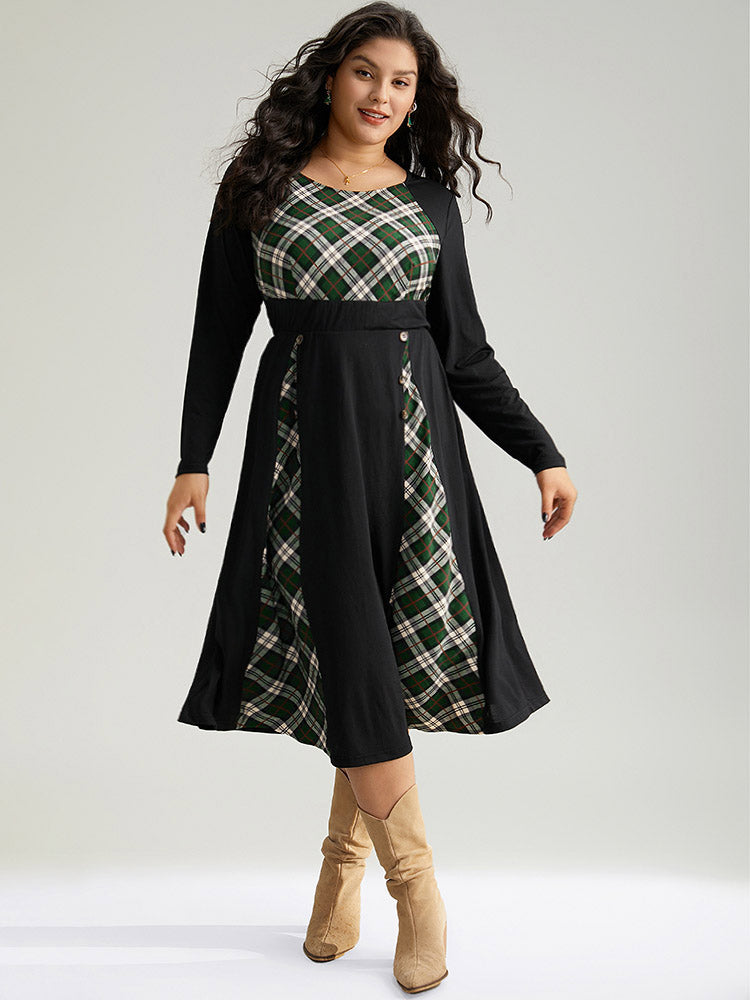 Christmas Plaid Patchwork Button Detail Dress