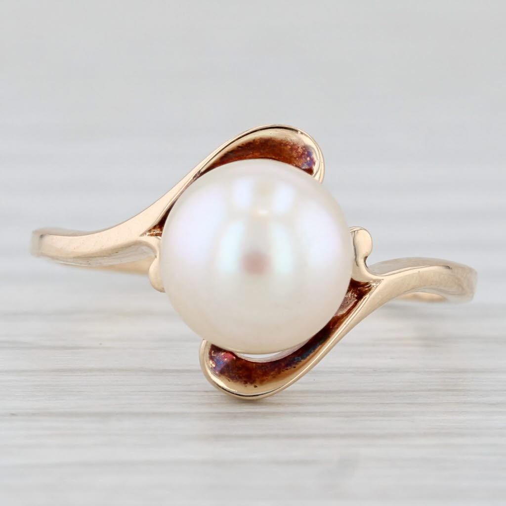Cultured Pearl Bead Solitaire Bypass Ring 14k Yellow Gold Size 6.75
