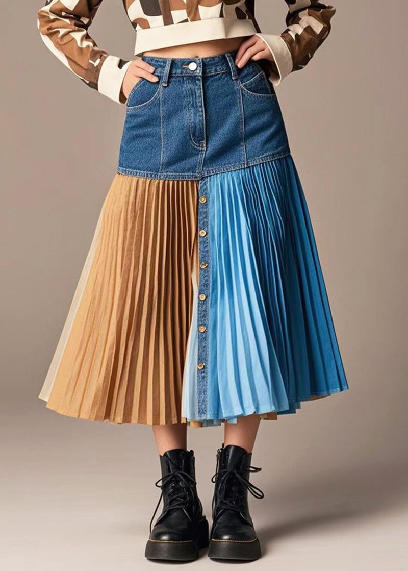 French Navy Asymmetrical Patchwork Denim Pleated Skirt Spring