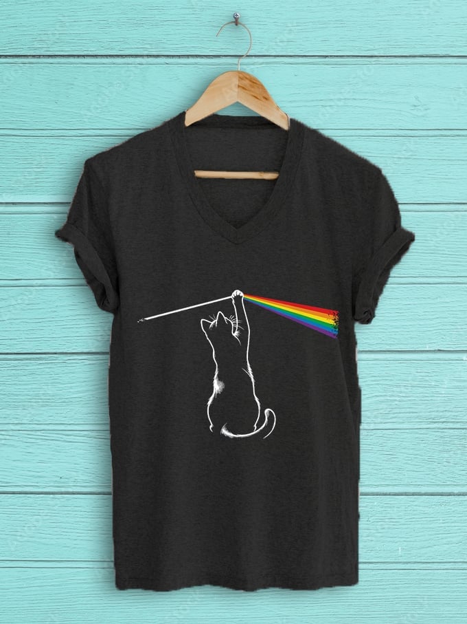 Women's Rainbow Black Cat Print V-Neck T-Shirt