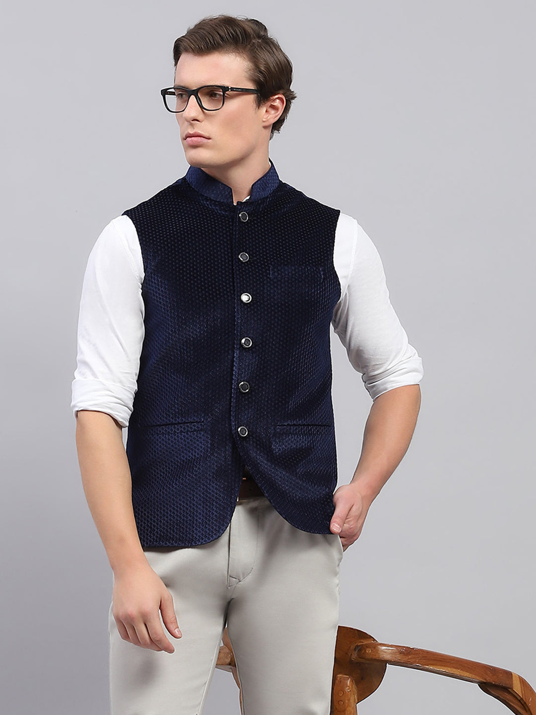 Men Navy Blue Self Design Band Collar Sleeveless Coat