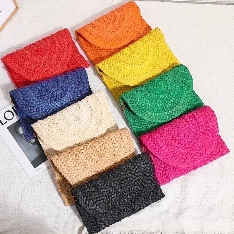 Women's Solid Color Straw Magnetic Buckle Wallets