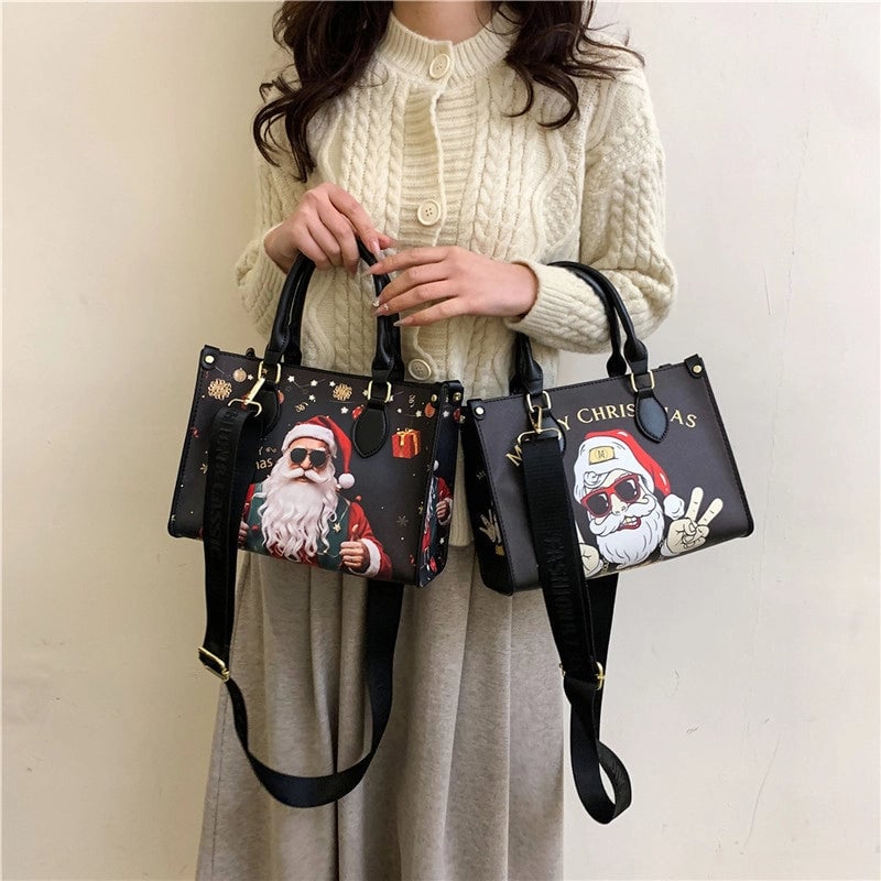 Christmas Women's Large Pu Leather Santa Claus Streetwear Square Zipper Tote Bag