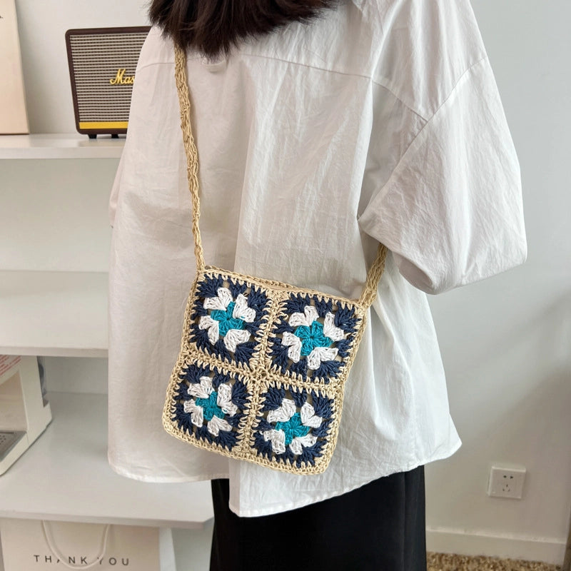 Summer New Handmade Crochet Flower Shoulder Straw Bag