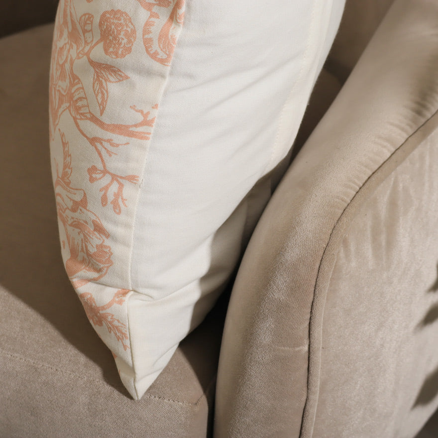 Peony Printed Cotton Cushion Cover - Peach White