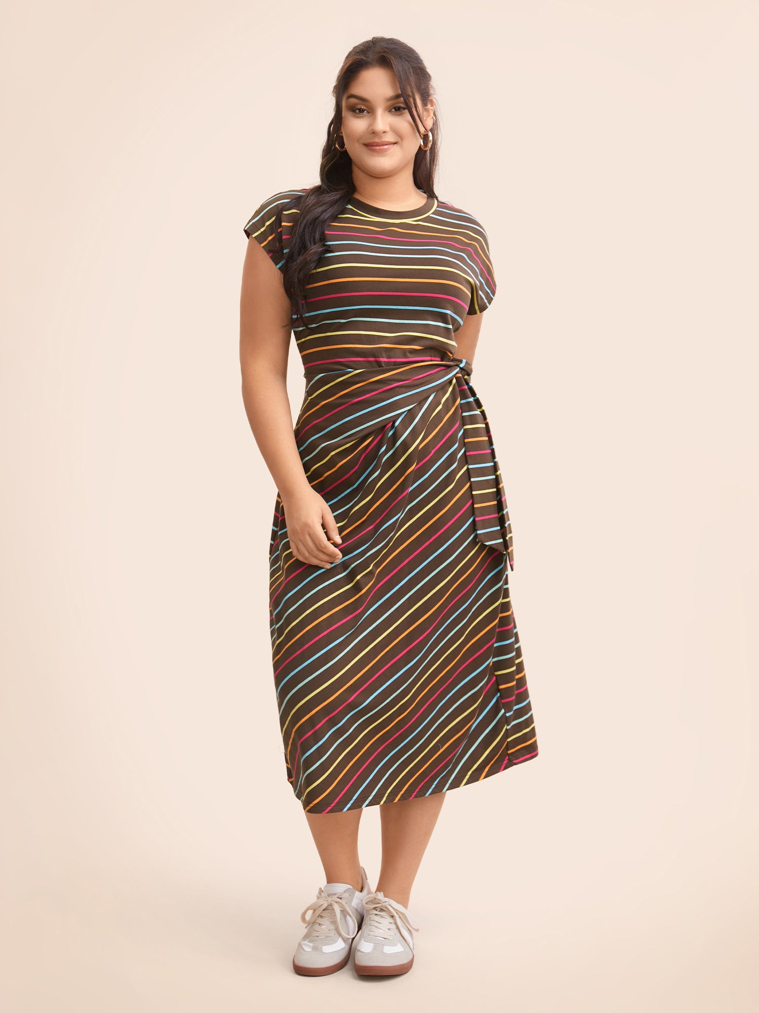 Colored Striped Tie Knot Cap Sleeve Dress