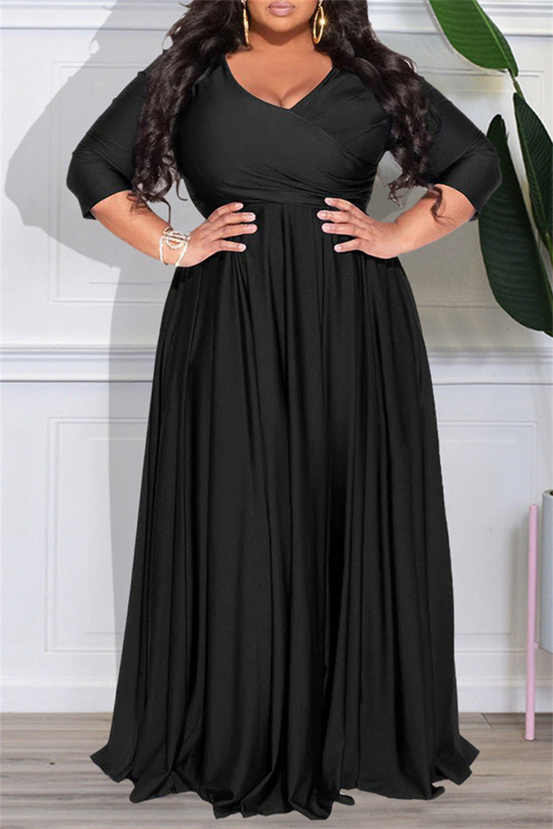 Casual Solid Patchwork V Neck Long Sleeve Plus Size Dresses