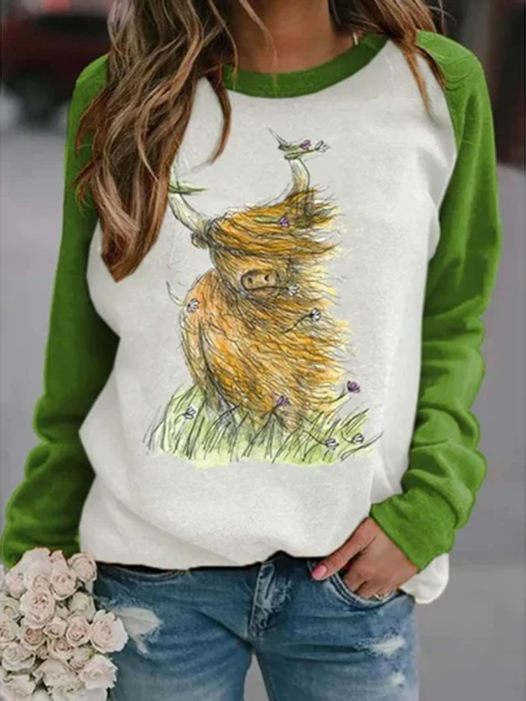 Women's Western Retro Highland Cow Green Print Casual Sweatshirt