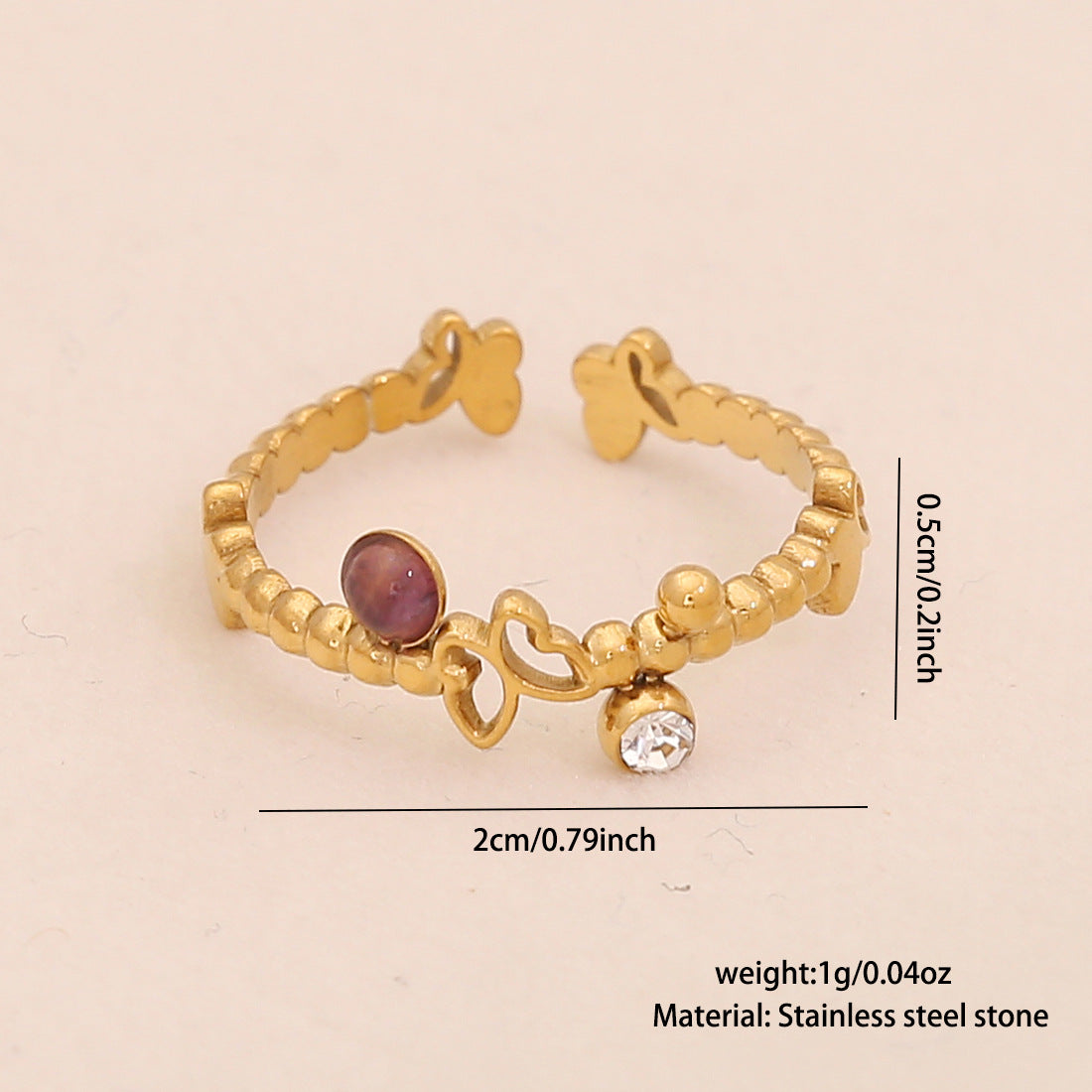 Retro Amethyst Natural Stone Ring Geometric Metal Style Open Ring R120