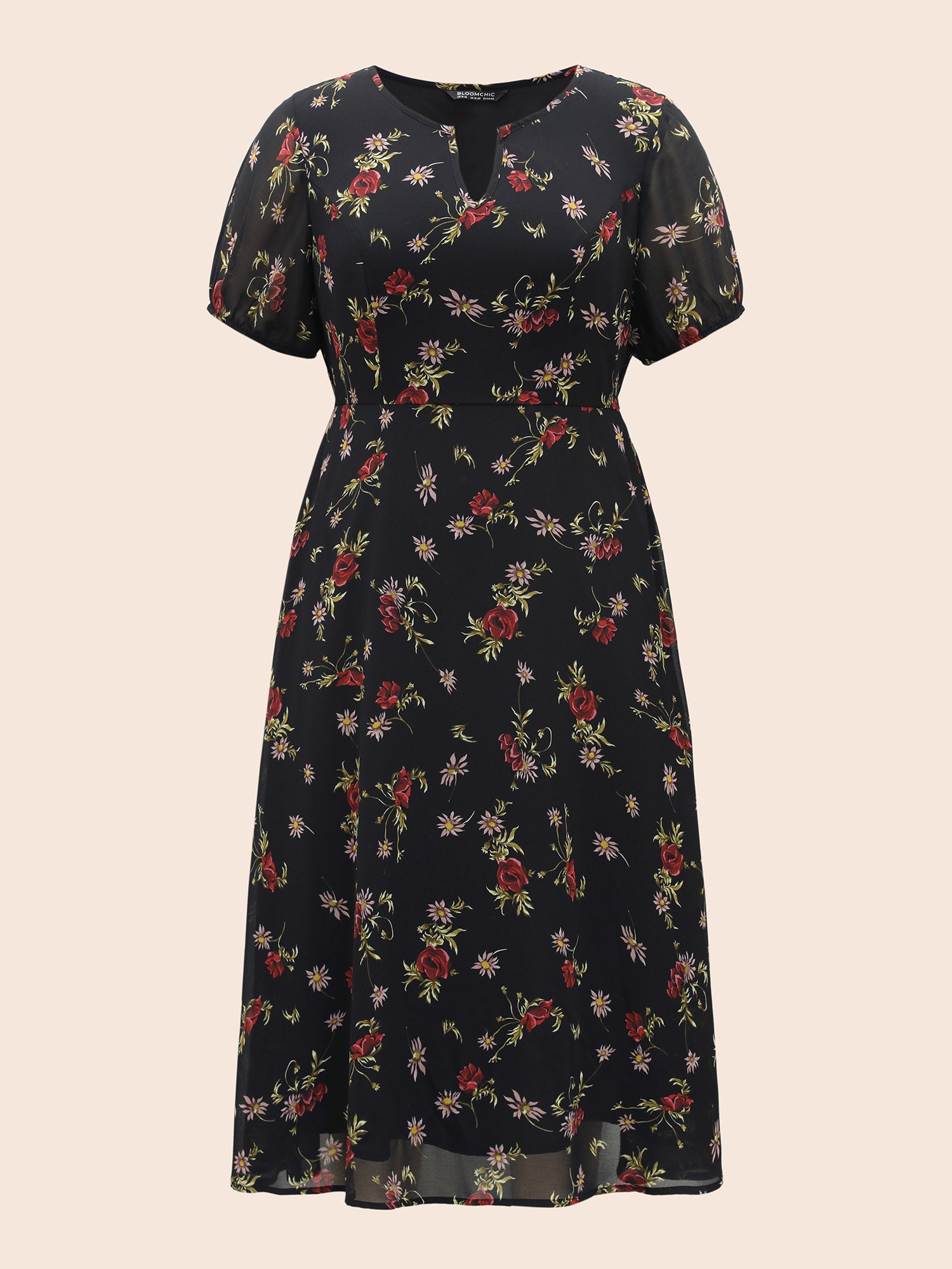 Floral Notched Chiffon Mesh Midi Dress