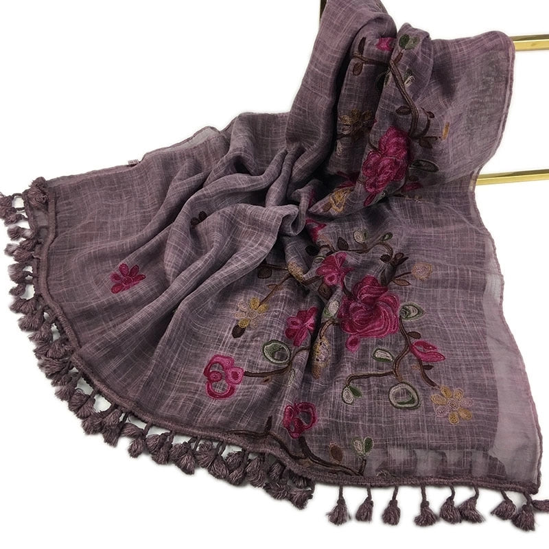 Women's Minimalist Leaves Solid Color Flower Cotton And Linen Embroidery Tassel Scarf Shawl