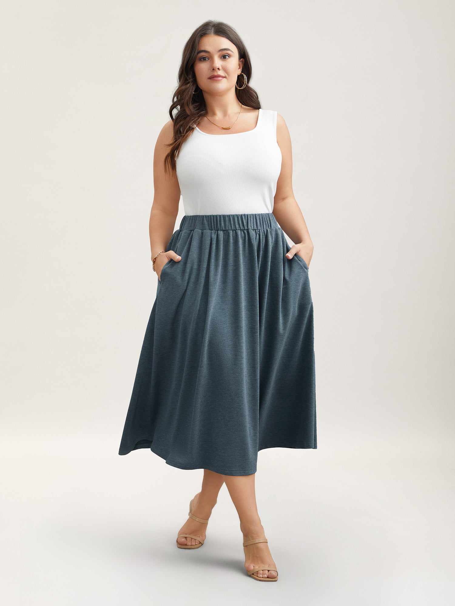 Heather Stretchy-Waist Pleated Midi Skirt