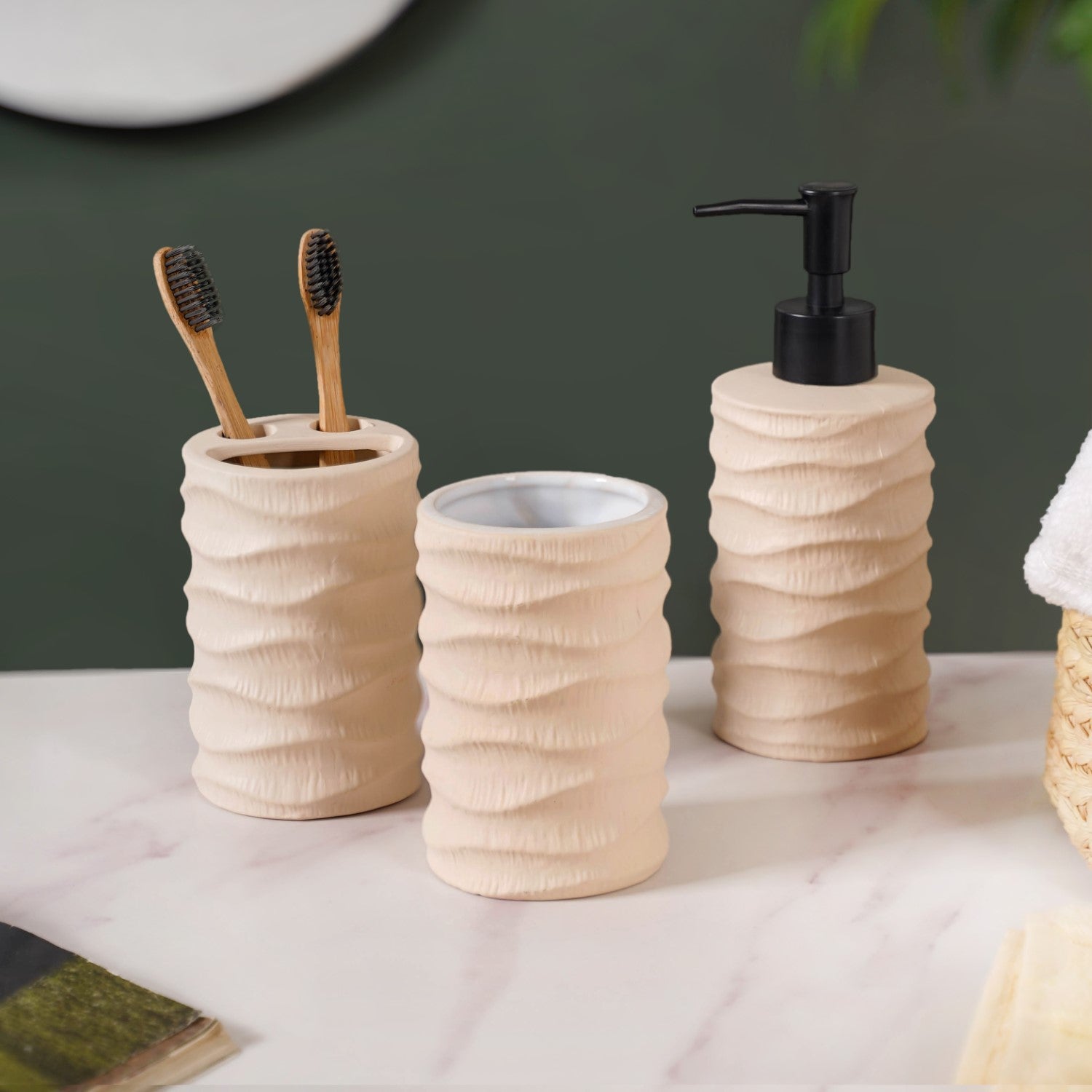 Wave Design Bathroom Accessories Set Of 3 Beige Matte