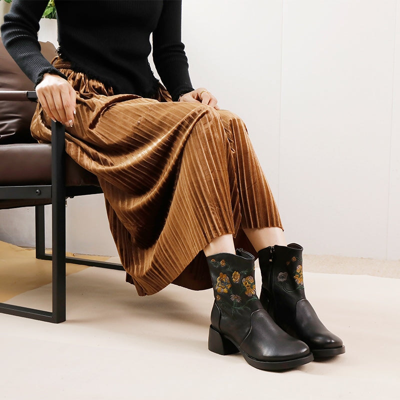 Women's Genuine Leather Short Boots With Embroidery Flowers in Black/Brown
