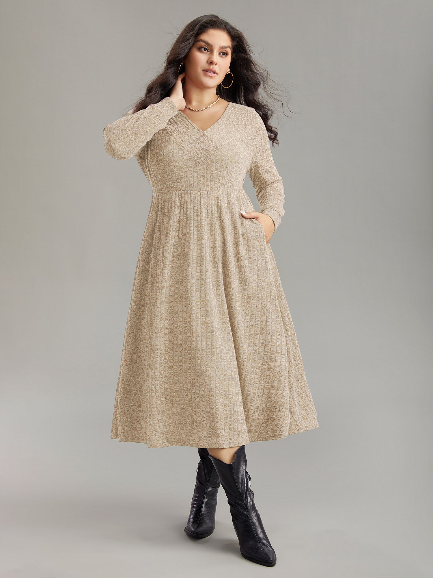 Rib Knit Plain Plisse Long Sleeve Dress