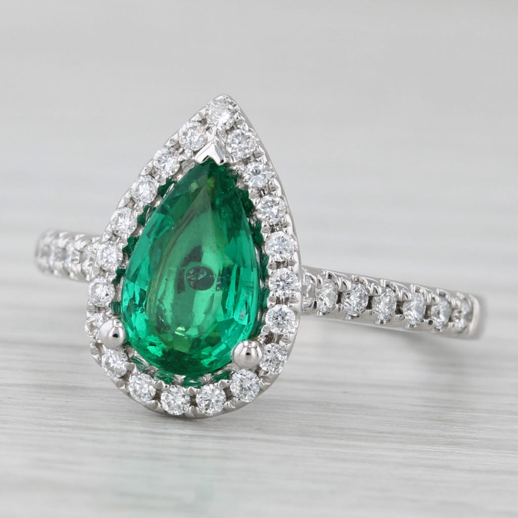 1.32ctw Emerald Diamond Halo Teardrop Ring 14k White Gold Size 6.5 Engagement
