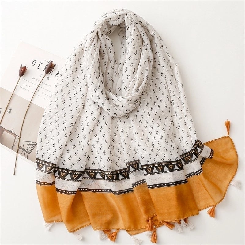 Yarn Cotton Fruit Green Bright Yellow Leaf Printing Tassel Scarf Shawl