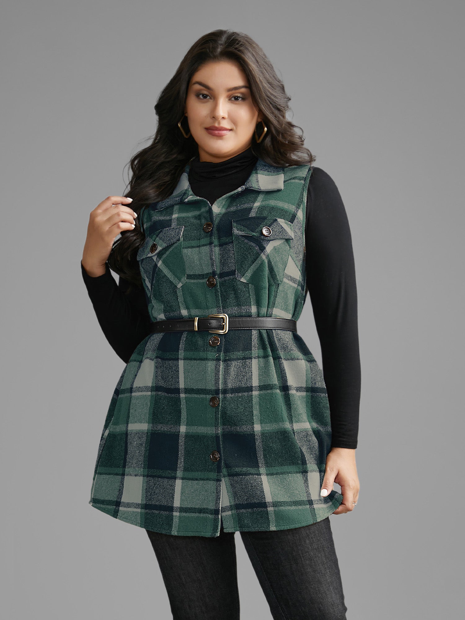 Plaid Flap Detail Sleeveless Jacket