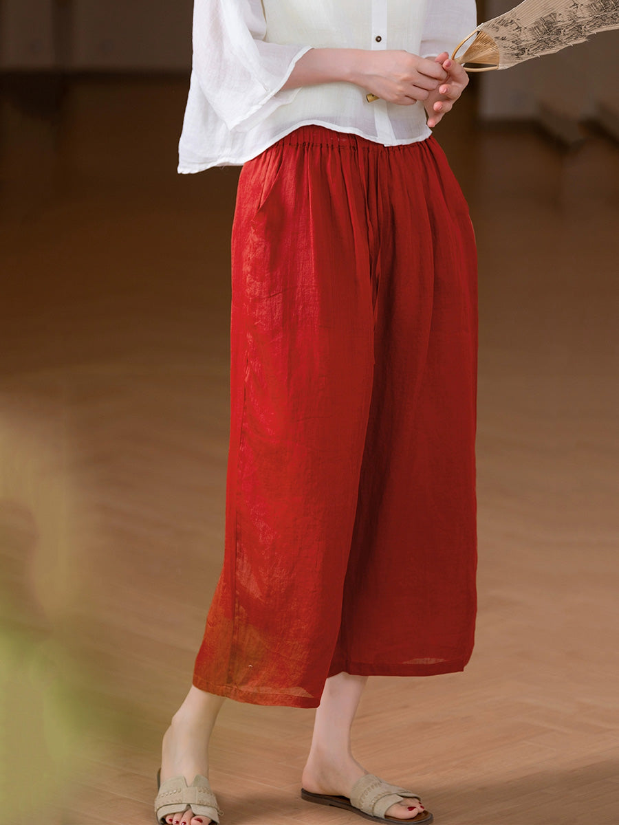 Women Summer Pure Color 100%Ramie Wide-leg Pants