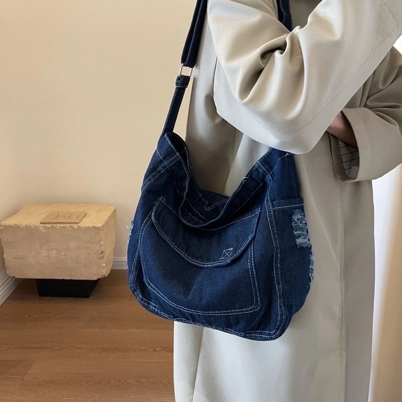 Women's Denim Solid Color Vintage Style Sewing Thread Square Zipper Crossbody Bag