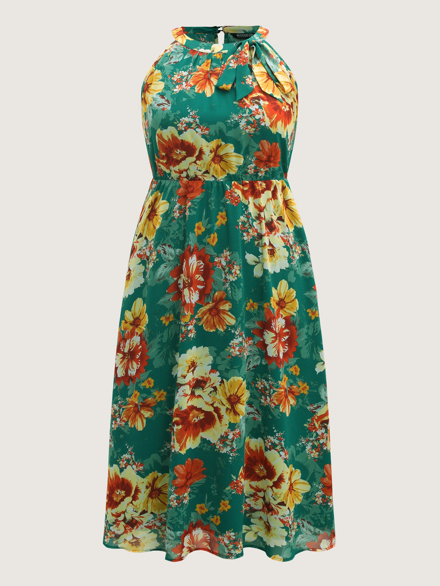 Large Floral Print Stretchy-Waist Midi Dress
