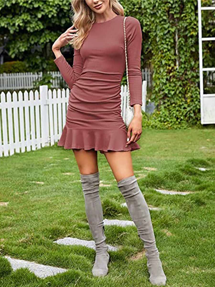 Sexy Pleated Tight Knit Long Sleeve Dress(8 colors)