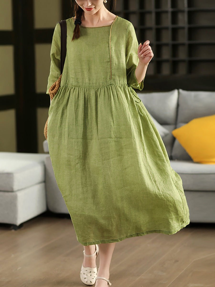 Women Summer Pure Color O-Neck 100%Ramie Dress