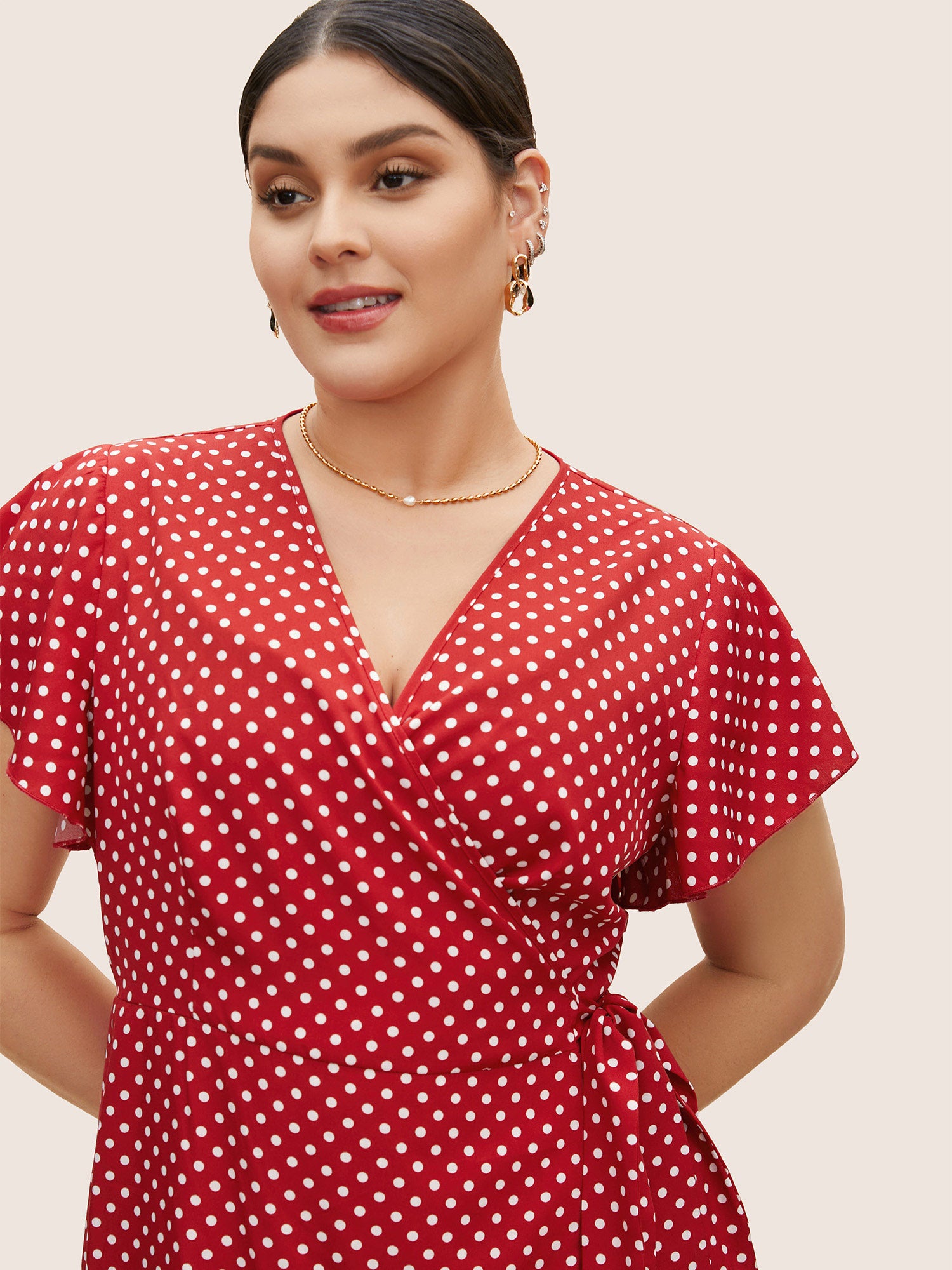 Polka Dot Wrap Ruffle Sleeve Tie Knot Dress