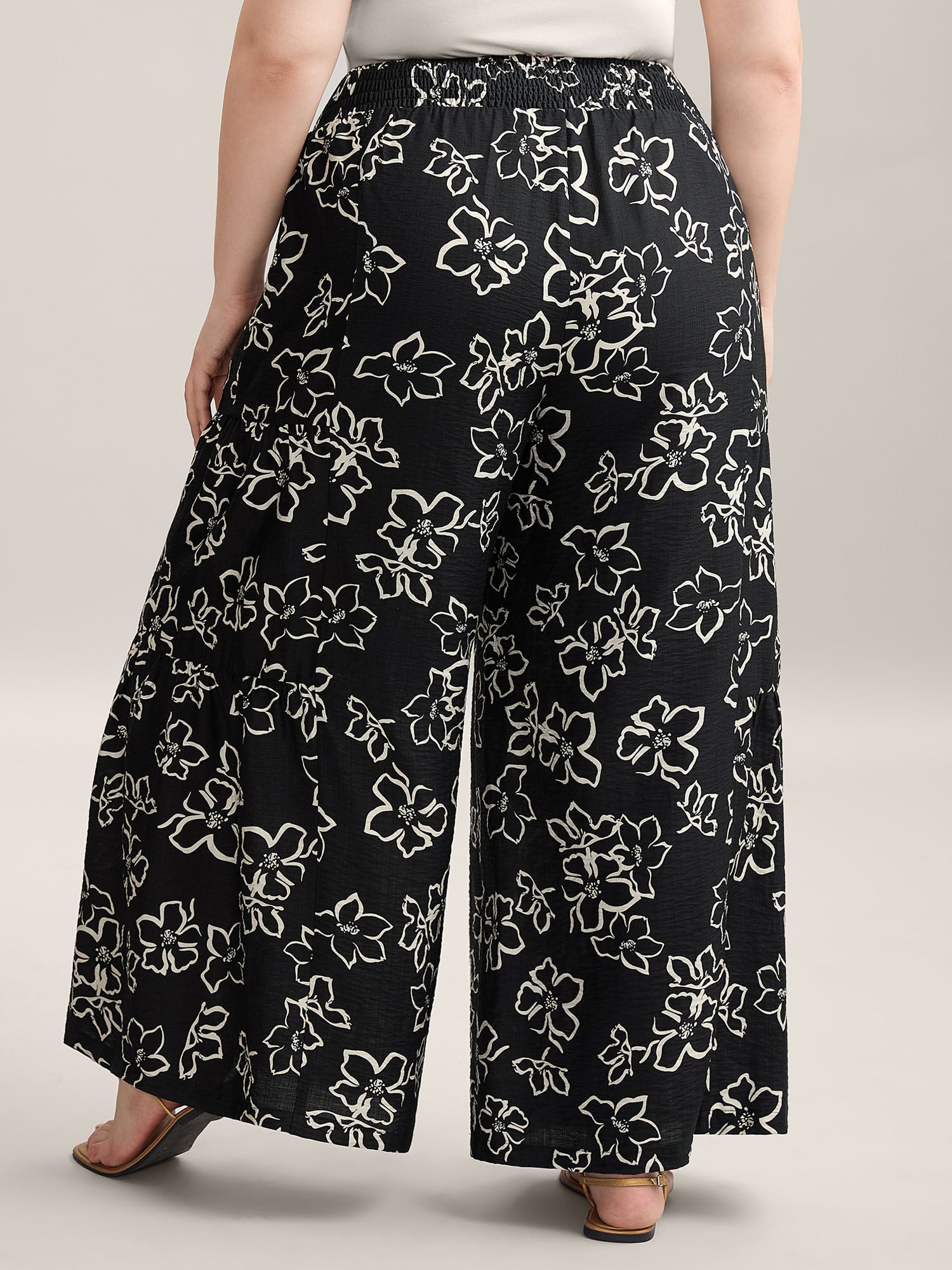 Floral Shirred Waist Wide-Leg Pants