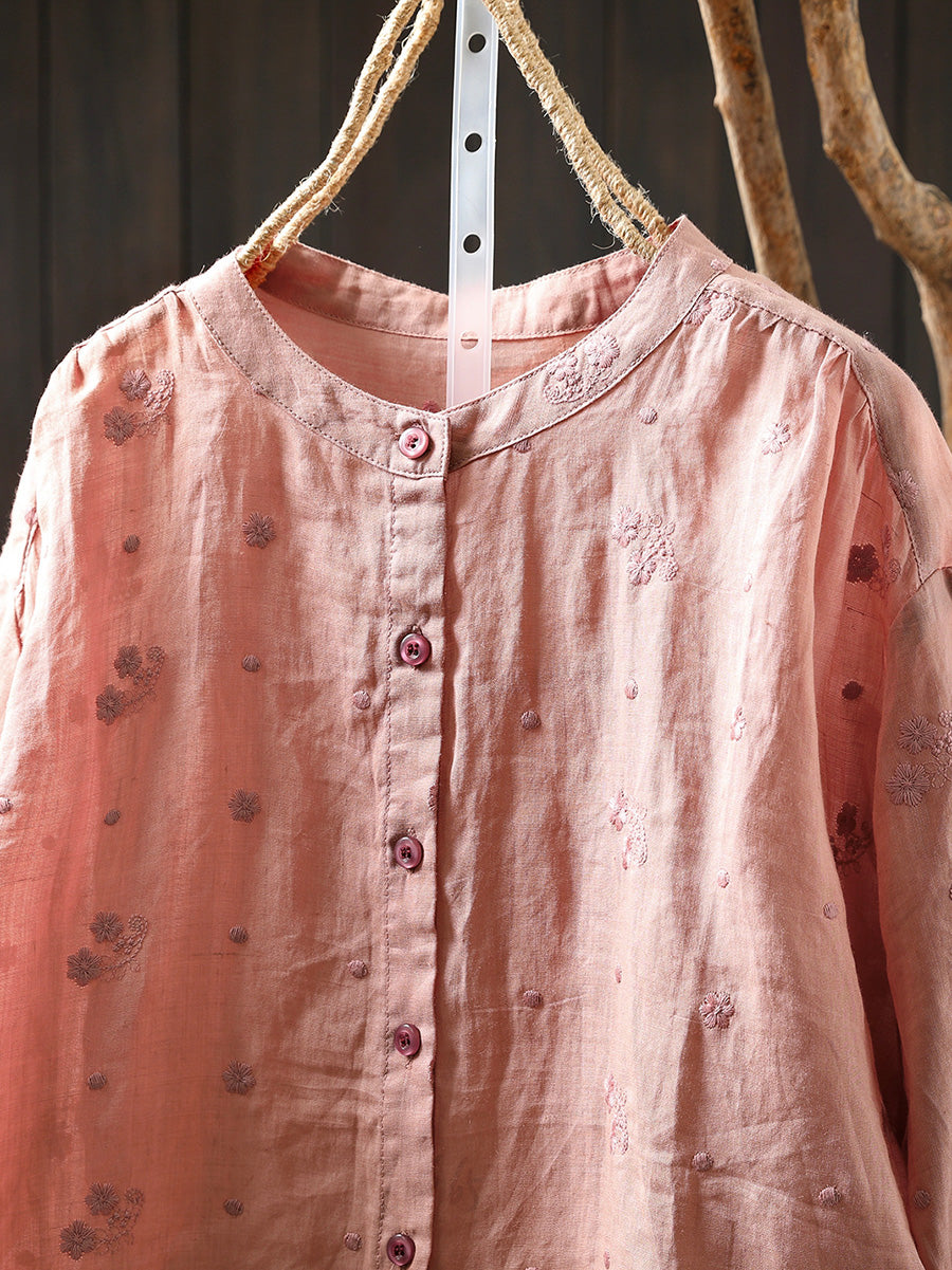 Women Summer Embroidery 100%Ramie Stand Collar Shirt