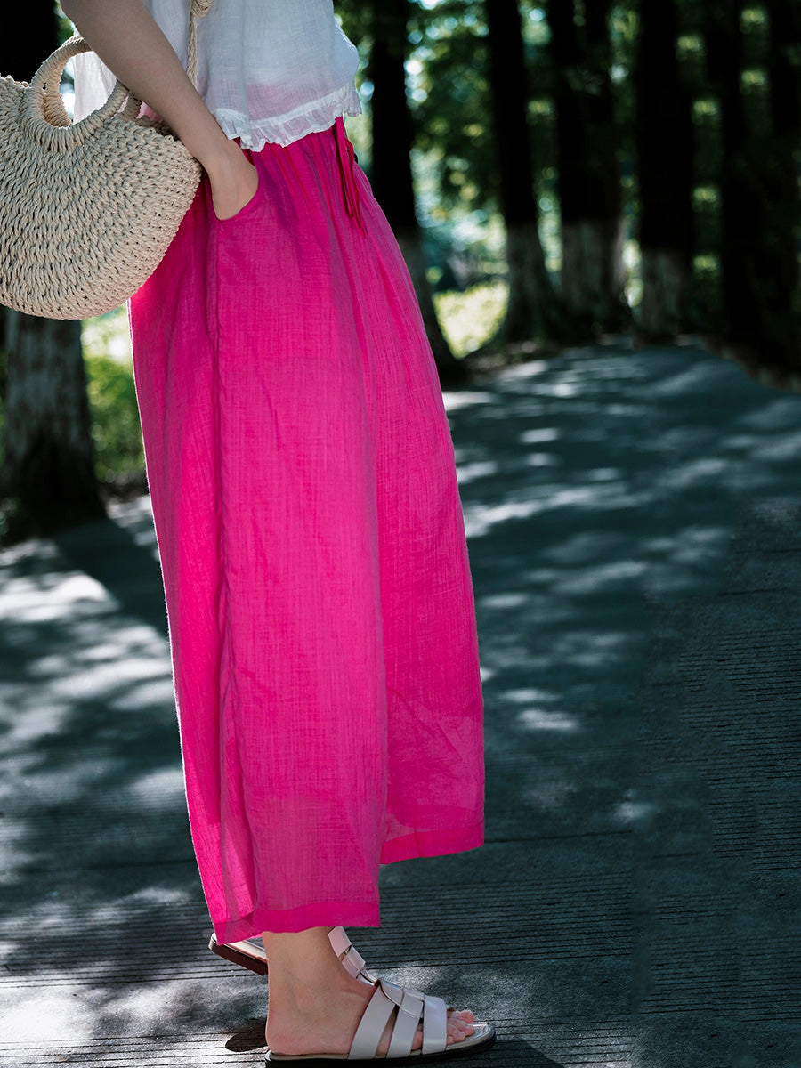 Women Summer Pure Color 100%Ramie Wide-leg Pants