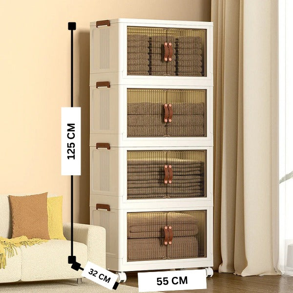 Foldable Storage Cabinet 4 Layer. Stackable Portable Storage Cabinet with Movable Wheels