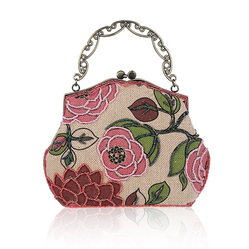 Yellow Red Purple Pearl Embroidery Flower Beading Square Evening Bags