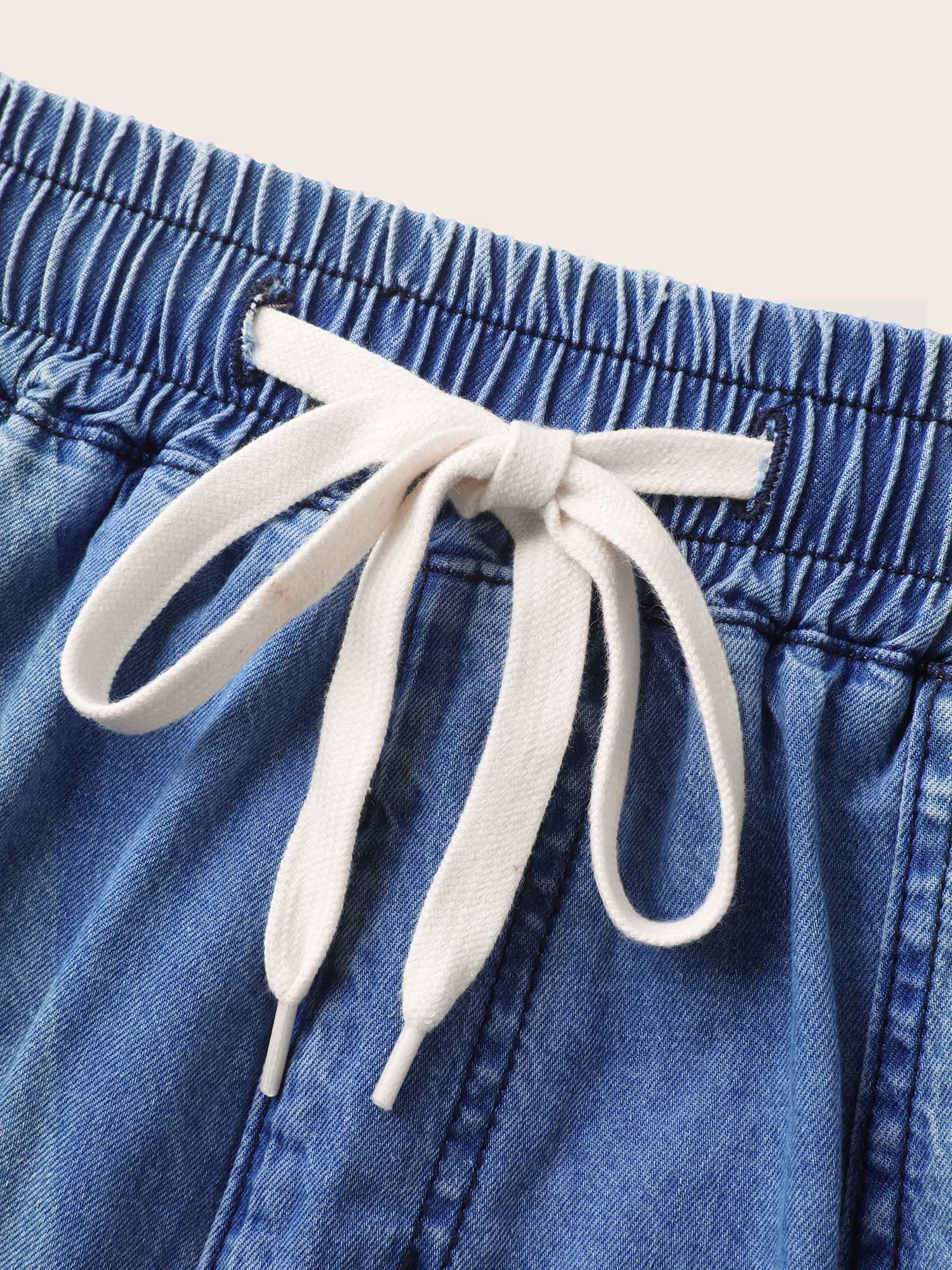 Cotton Stretchy Waist Drawstrings Denim Shorts