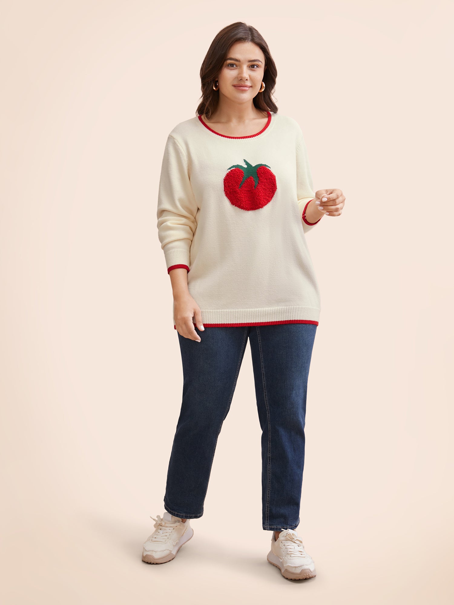 Tomato Pattern Embroidered Contrast Trim Pullover