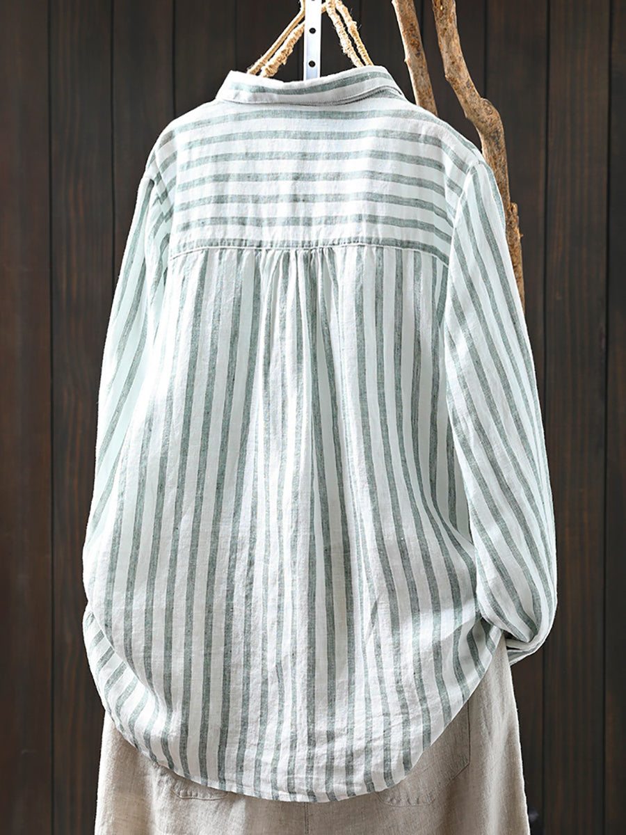 Women Summer Stripe Turn-down Collar 100%Linen Shirt