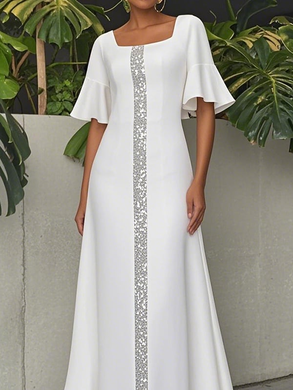 A-Line Flared Sleeves Shiny Solid Color Split-Joint Square-Neck Maxi Dresses