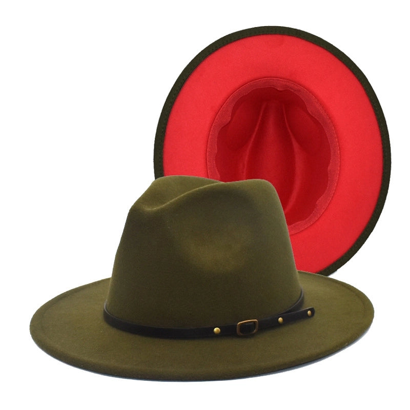 New Women's Woolen Top Hat Fashion Red And Black Color-matching Hat Women's Flat-brimmed Jazz Hat