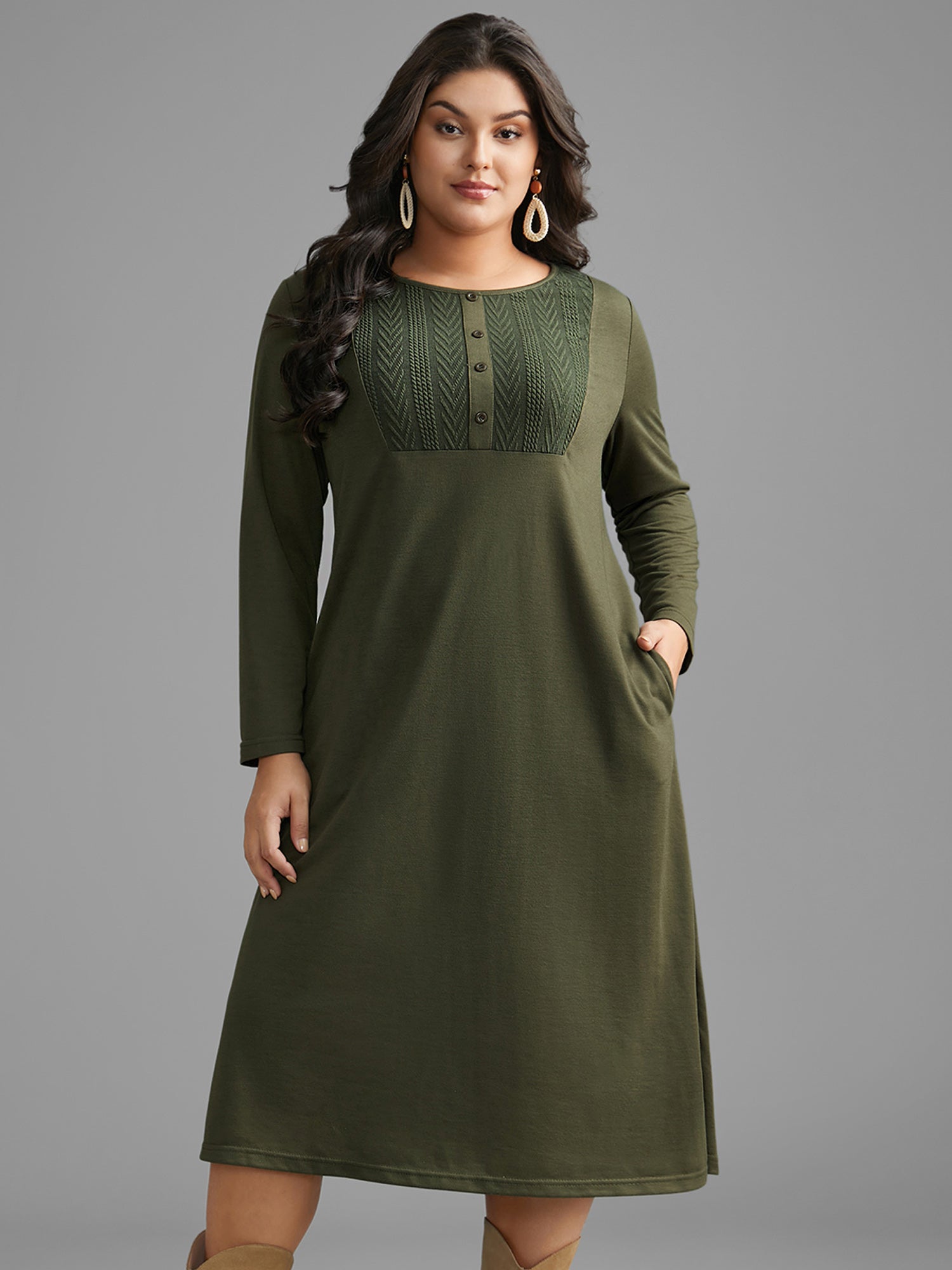 Textured Patchwork Button Detail Midi Dress