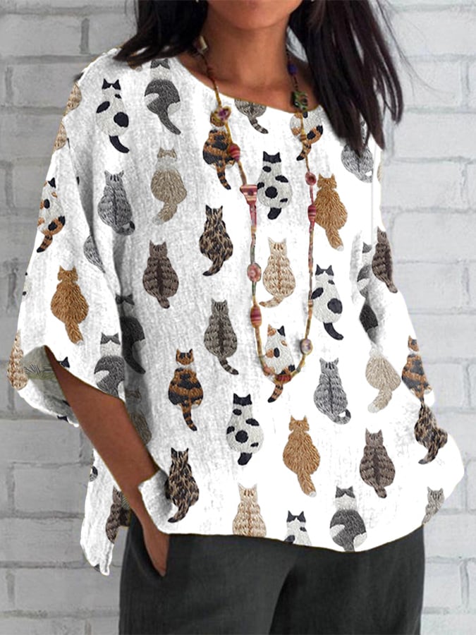 Women's Cute Cats Embroidery Print Round Neck Short Sleeve T-Shirt
