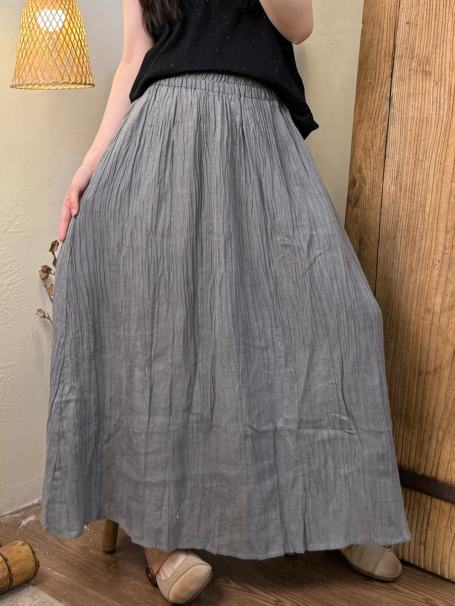 Women Summer Vintage Pure Color Ramie Skirt