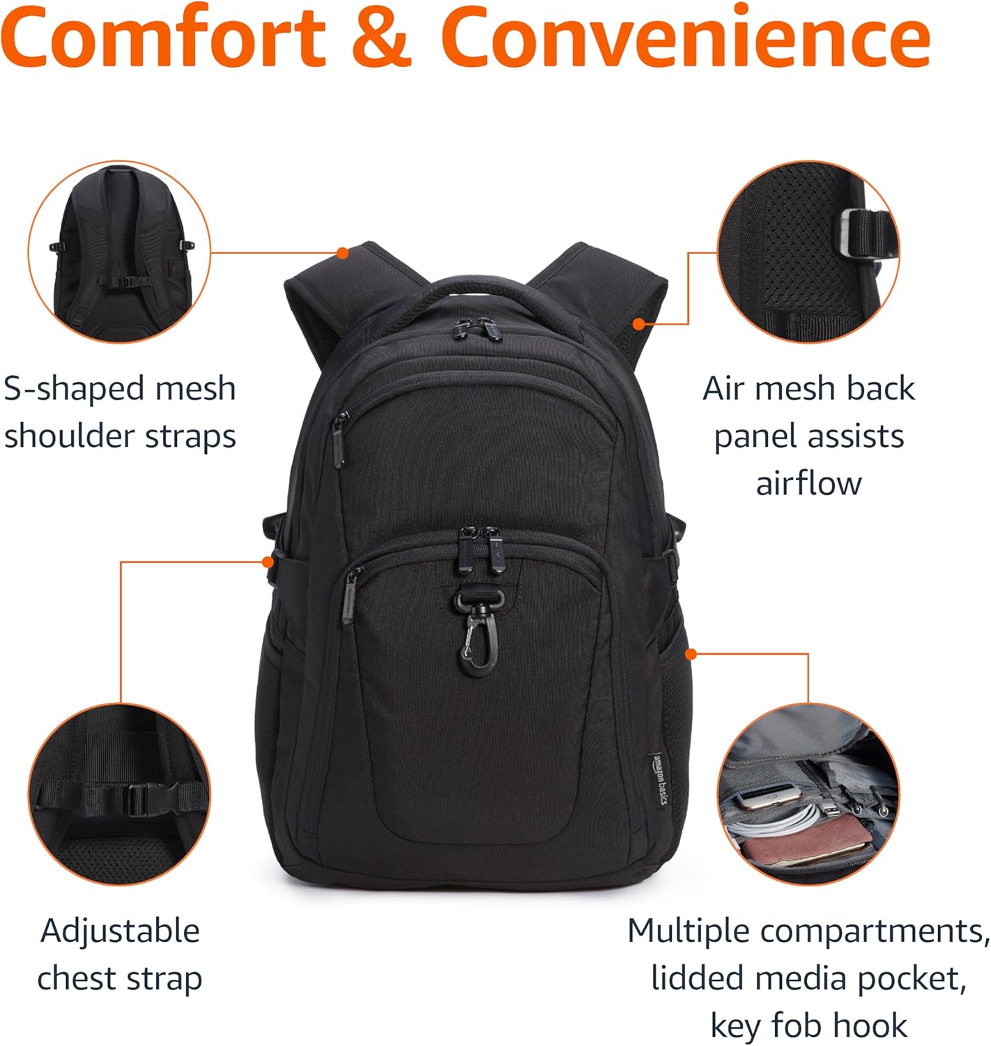 Amazon Basics Travel Laptop Backpack for 17 inch Laptop, Black
