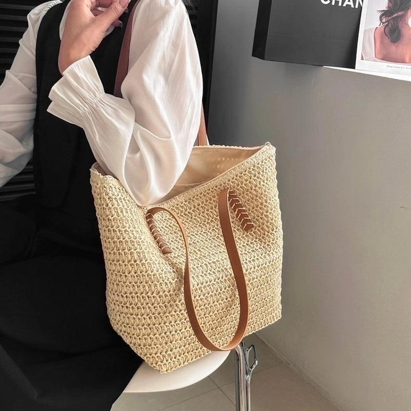 Women's Straw Solid Color Vacation Streetwear Square Zipper Beach Bag